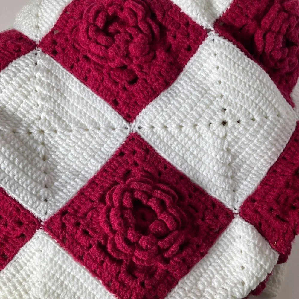 Handmade Crochet Blanket‎ White Red Flowers Square 64 x 64
